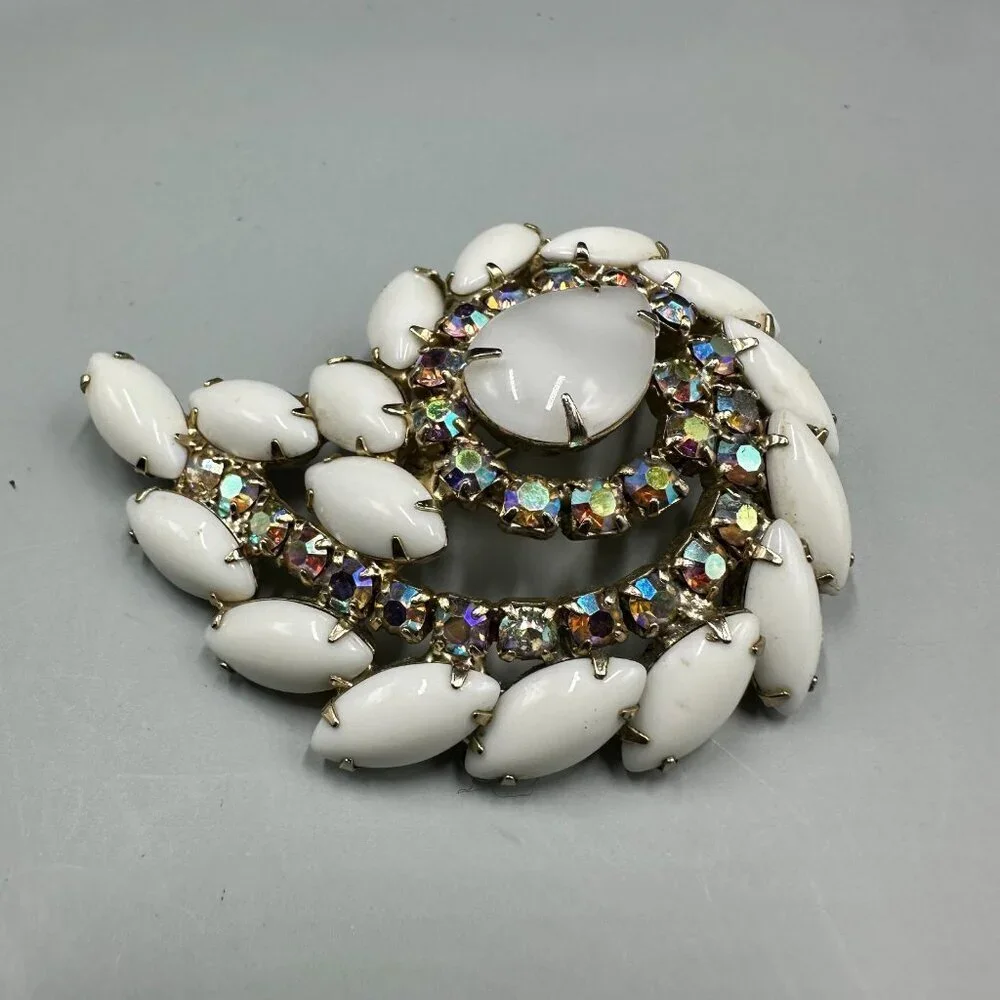 Vintage Milk Glass Rhinestone Brooch Silver Tone Aurora Borealis Swirl Statement